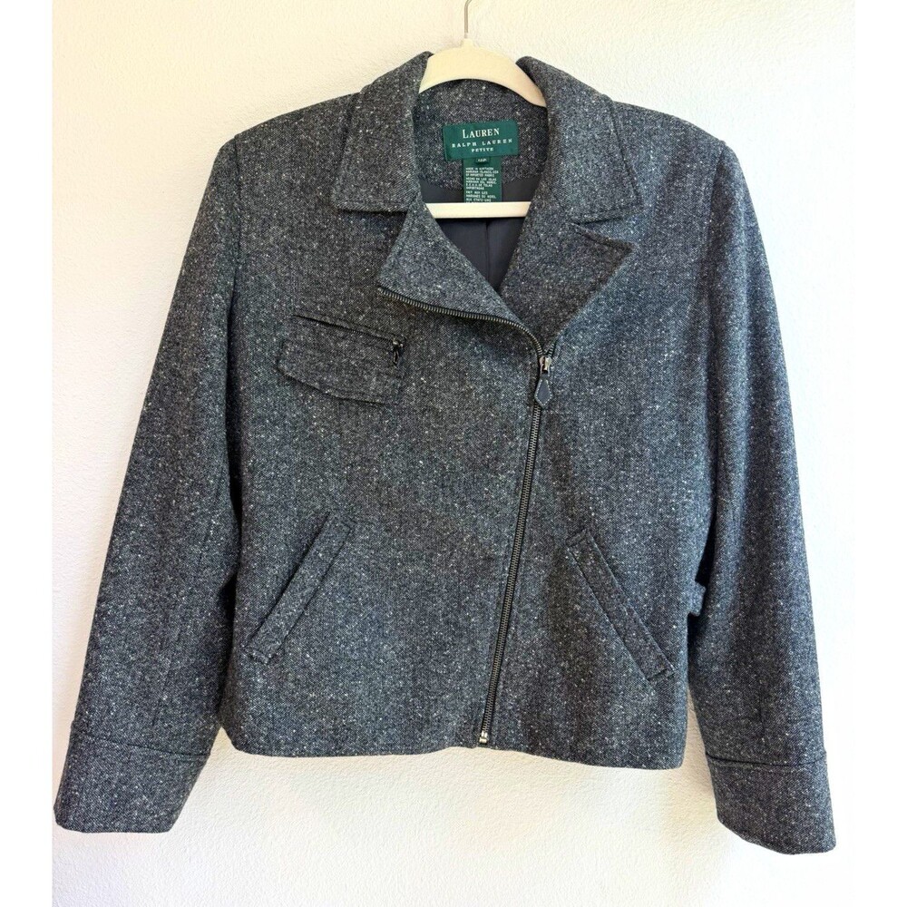 Lauren Ralph Lauren Petite 12P 100% Lambswool Tweed Moto Biker Jacket Gray.